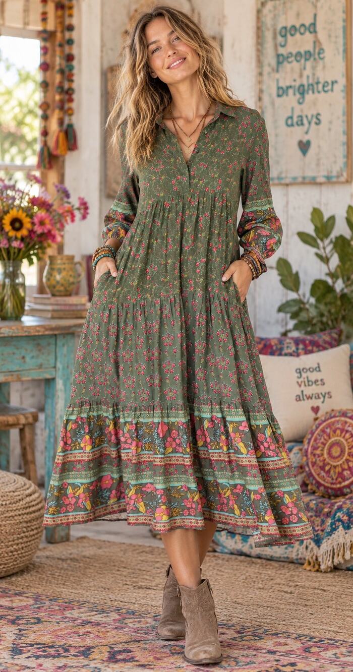 Natural Life Olive Green Floral Boho Maxi Dress Long Sleeve Size XL